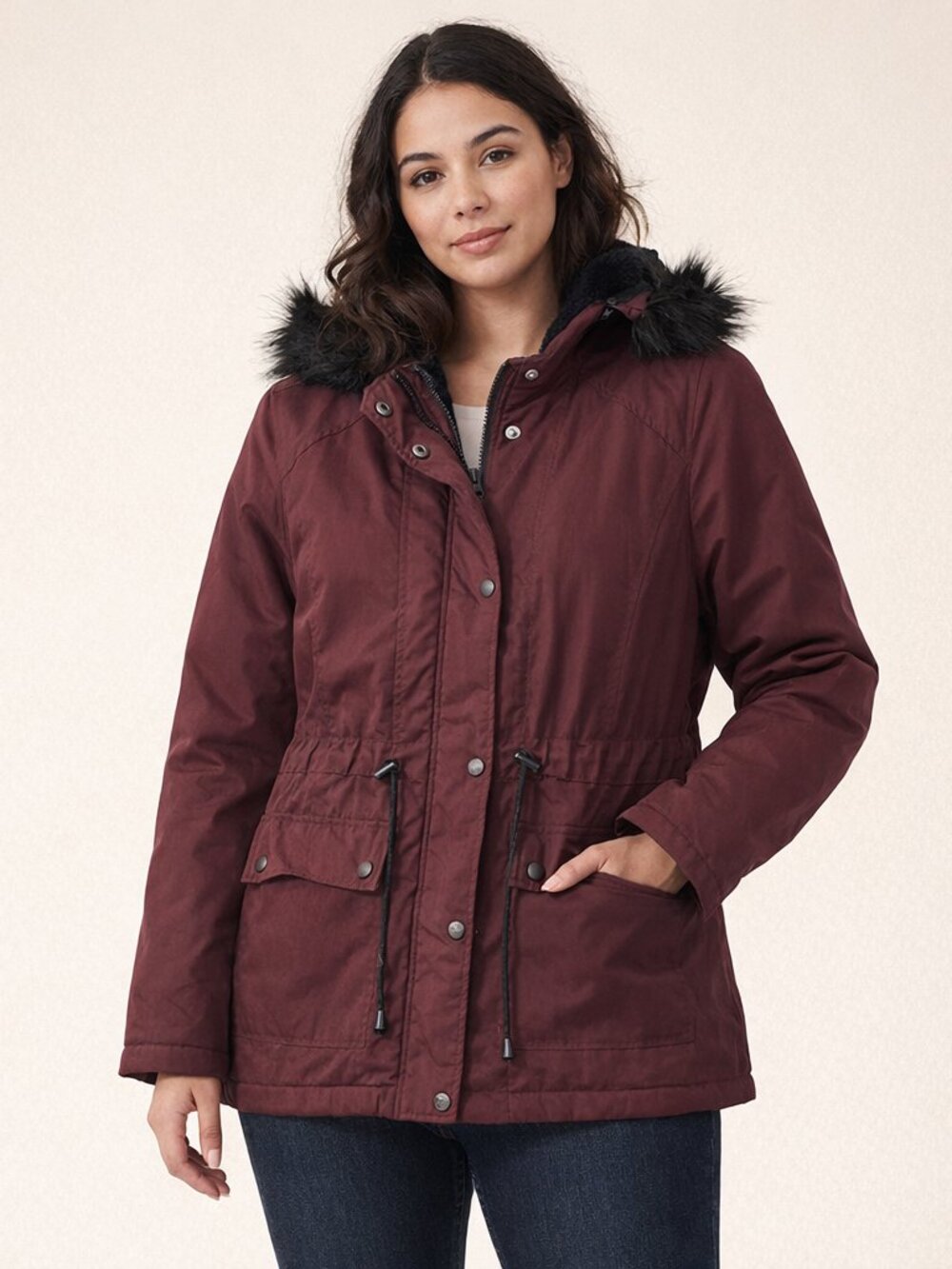 New Look Utility jacket Faux Fur Hood Large Zip Snap Pockets Drawstring